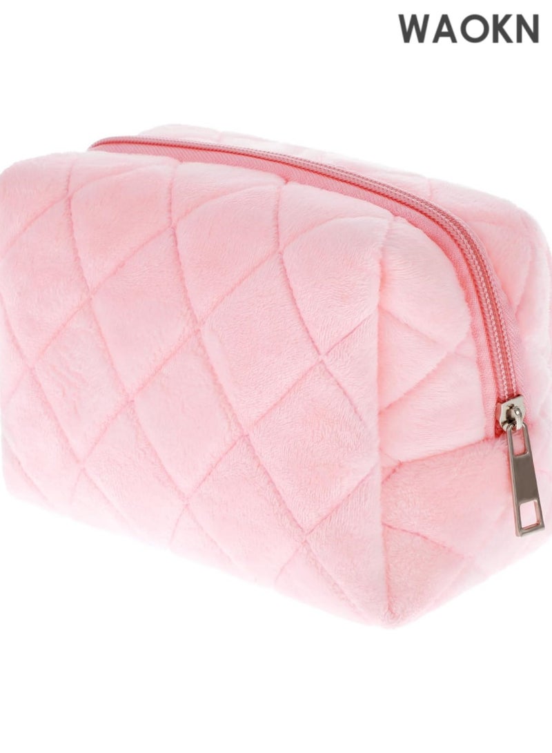 WAOKN Cosmetics Bag, Small Fluffy Makeup Bag, Pink Checkered Cosmetic Travel Bags for Women, Cute Trendy Skincare Bags for Toiletry and Makeup Storage, Compact Makeup Travel Bag Toiletry Bags - Image 3