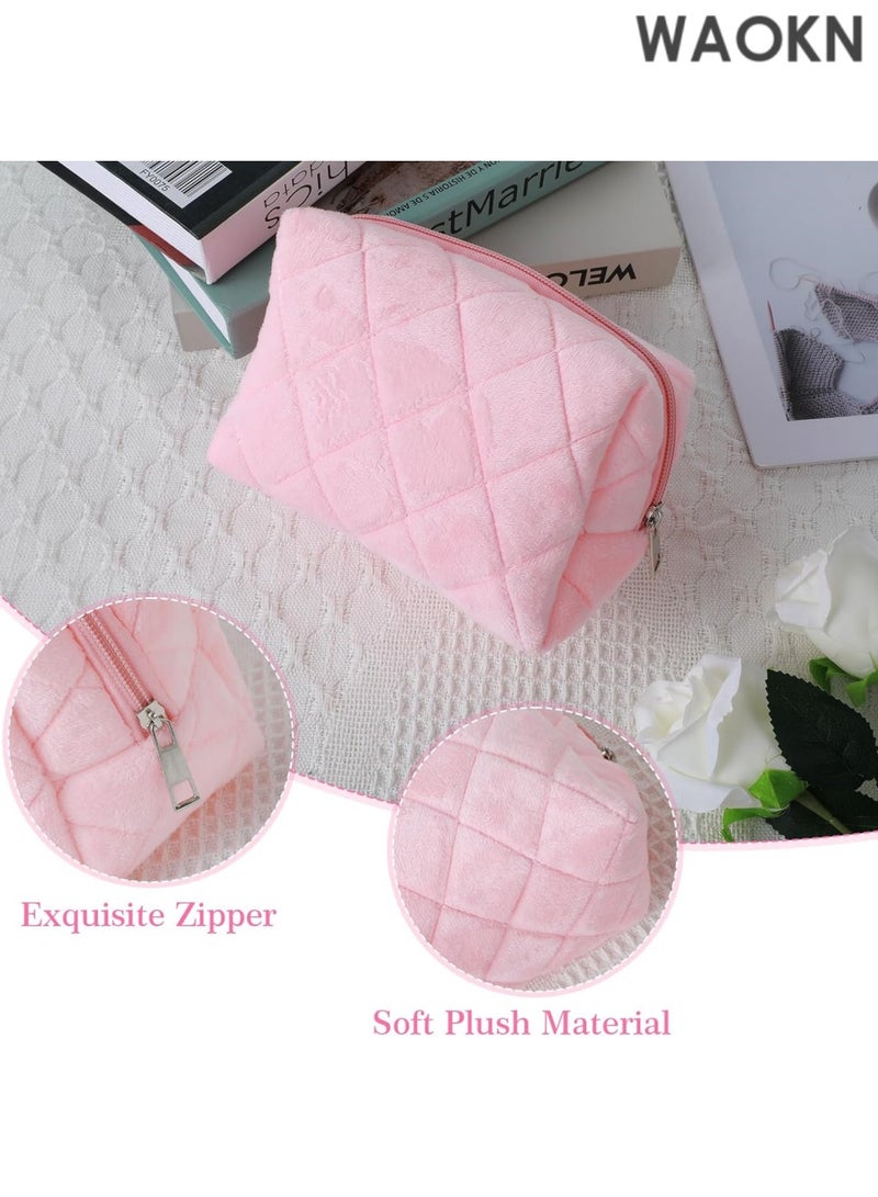 WAOKN Cosmetics Bag, Small Fluffy Makeup Bag, Pink Checkered Cosmetic Travel Bags for Women, Cute Trendy Skincare Bags for Toiletry and Makeup Storage, Compact Makeup Travel Bag Toiletry Bags - Image 1