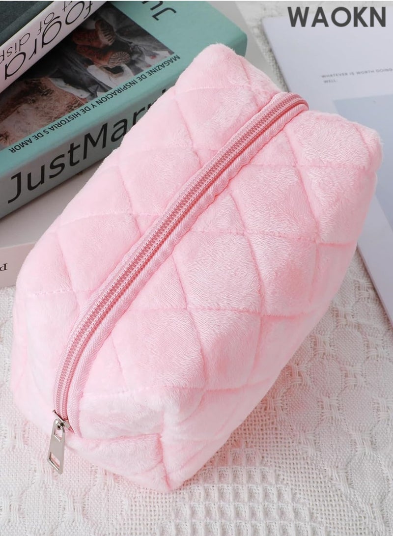WAOKN Cosmetics Bag, Small Fluffy Makeup Bag, Pink Checkered Cosmetic Travel Bags for Women, Cute Trendy Skincare Bags for Toiletry and Makeup Storage, Compact Makeup Travel Bag Toiletry Bags - Image 4