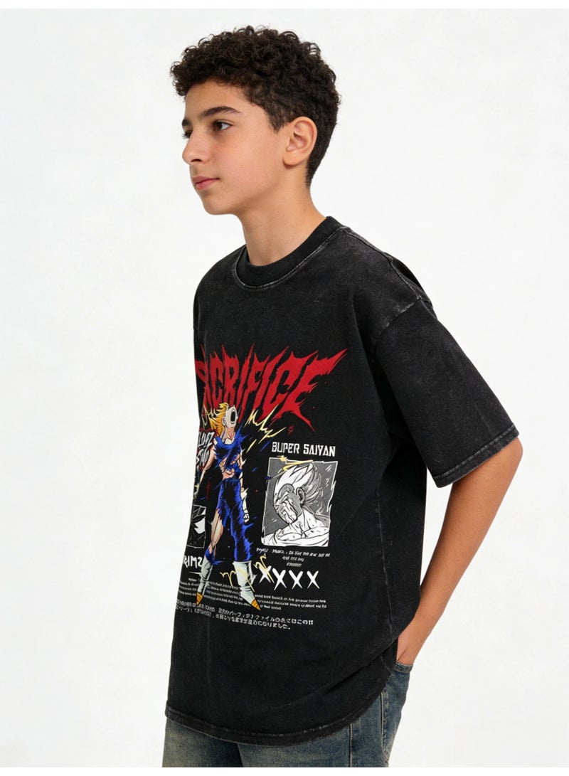 Dragon Ball Style Washed Black T-Shirt | Anime Inspired Graphic Tee | Vintage Retro Short Sleeve Top - Image 3