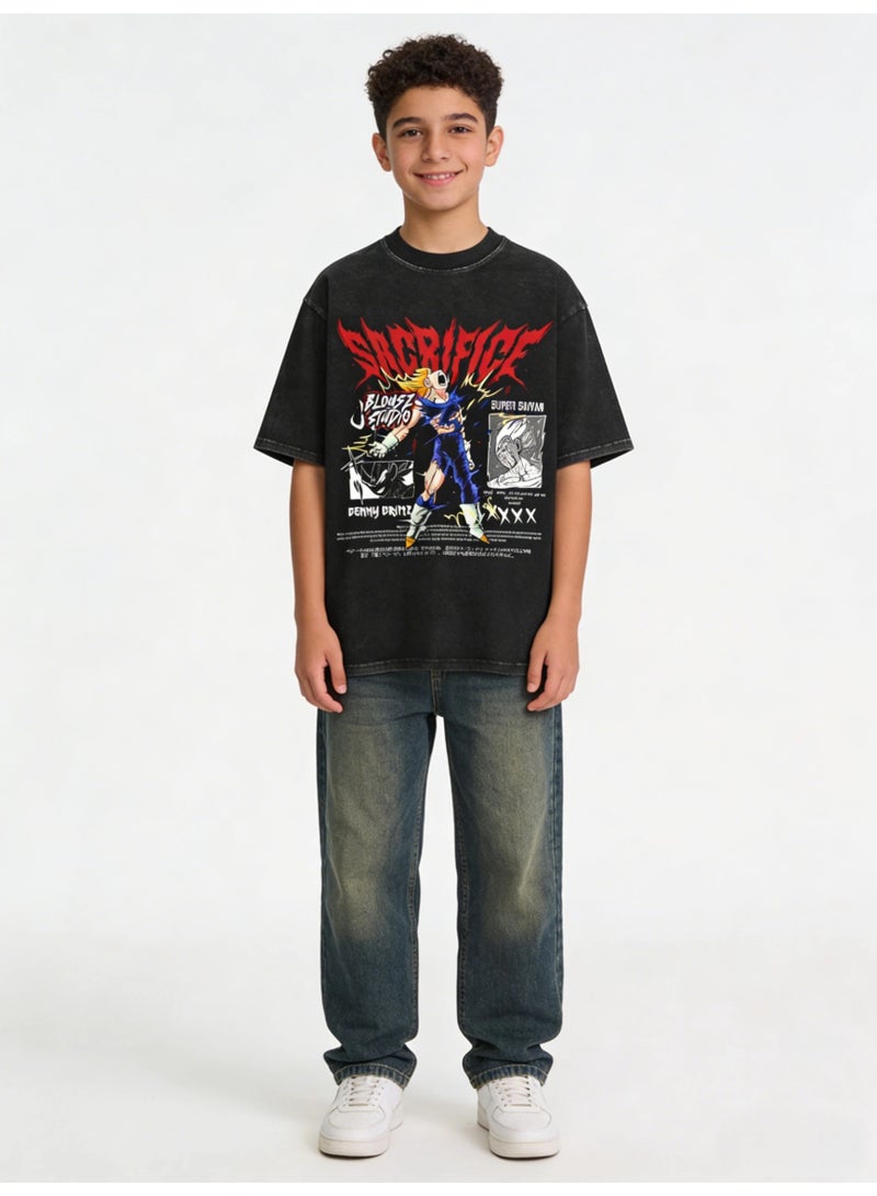 Dragon Ball Style Washed Black T-Shirt | Anime Inspired Graphic Tee | Vintage Retro Short Sleeve Top - Image 1