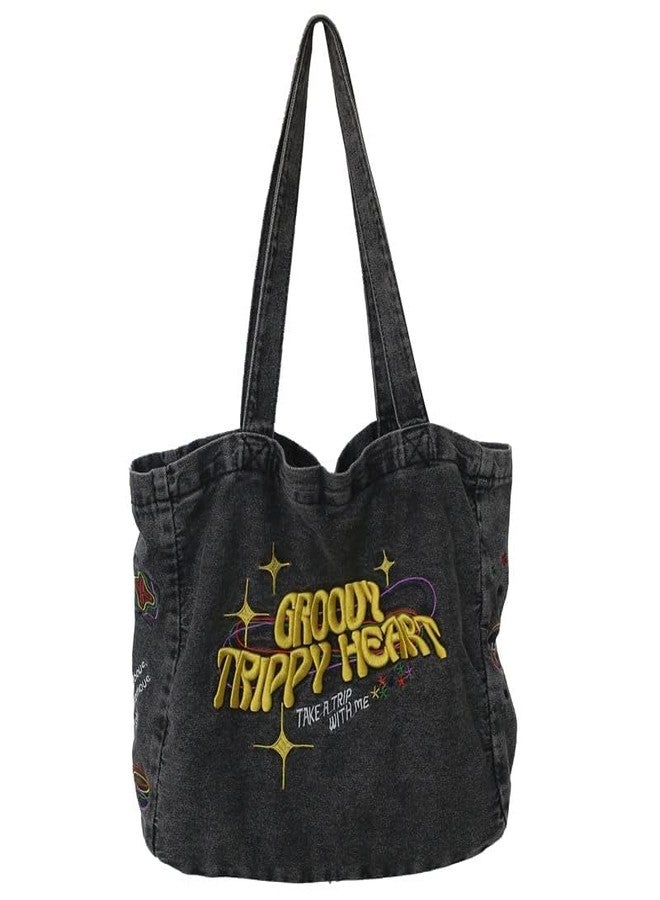 OATSBAS Crossbody Bags For Women Casual Denim Bags Embroidery Shoulder Bag Travel Zipper Handbag Tote Bag (Black) - Image 2