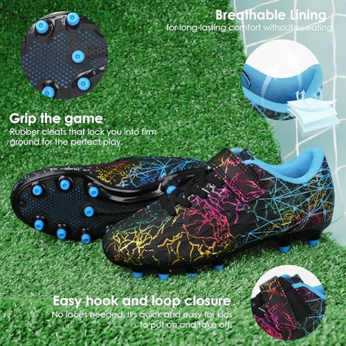 brooman Kids Firm Ground Soccer Cleats Girls Football Cleats with Shin Guards and Soccer Socks (2,Black Blue) - Image 4