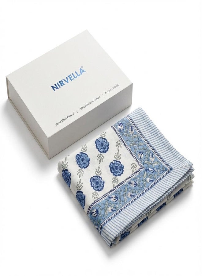 NIRVELLA Handcrafted Hand Block Print Tablecloth 6 Seater Rectangle 60x90 Inch - Floral Canvas Cotton - Fall & Holiday Dinner Collection - Washable Reusable Sustainable Gift-Boxed - Blue & White - Image 1