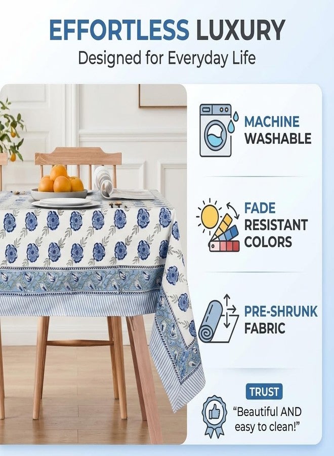 NIRVELLA Handcrafted Hand Block Print Tablecloth 6 Seater Rectangle 60x90 Inch - Floral Canvas Cotton - Fall & Holiday Dinner Collection - Washable Reusable Sustainable Gift-Boxed - Blue & White - Image 4
