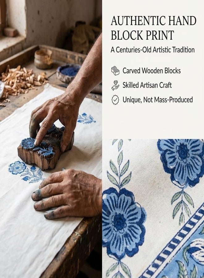 NIRVELLA Handcrafted Hand Block Print Tablecloth 6 Seater Rectangle 60x90 Inch - Floral Canvas Cotton - Fall & Holiday Dinner Collection - Washable Reusable Sustainable Gift-Boxed - Blue & White - Image 3
