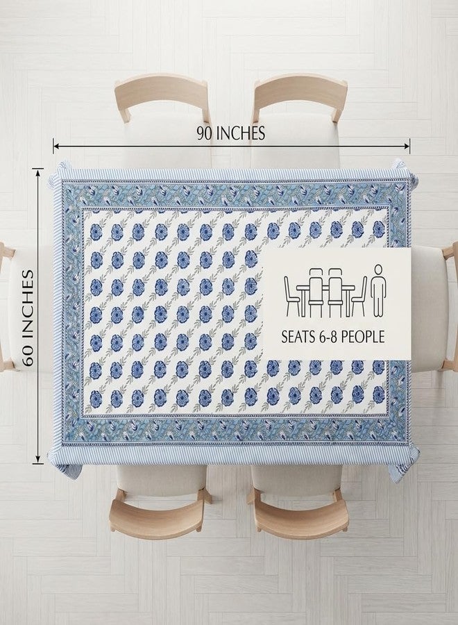 NIRVELLA Handcrafted Hand Block Print Tablecloth 6 Seater Rectangle 60x90 Inch - Floral Canvas Cotton - Fall & Holiday Dinner Collection - Washable Reusable Sustainable Gift-Boxed - Blue & White - Image 5