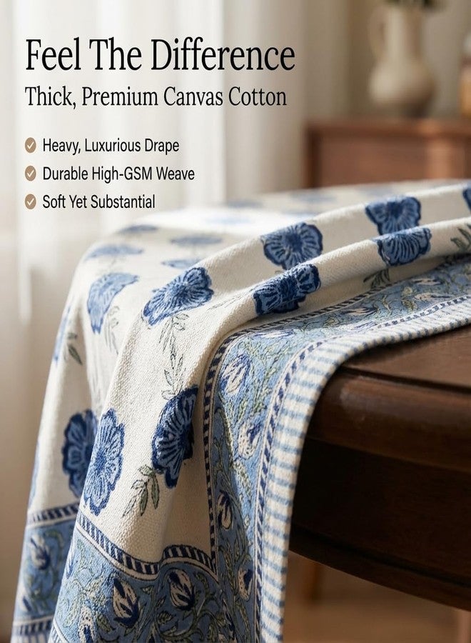 NIRVELLA Handcrafted Hand Block Print Tablecloth 6 Seater Rectangle 60x90 Inch - Floral Canvas Cotton - Fall & Holiday Dinner Collection - Washable Reusable Sustainable Gift-Boxed - Blue & White - Image 2