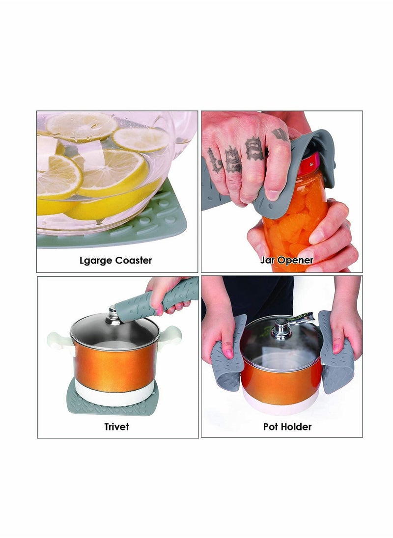 KASTWAVE - Silicone Trivet Mat Hot Pot Holders Hot Pads for Kitchen Non-Slip Heat Resistant Jar Opener Spoon Rest Garlic Peeler Potholders 4 Pack 7''x7 Grey Modern Kitchen Tool - Image 1