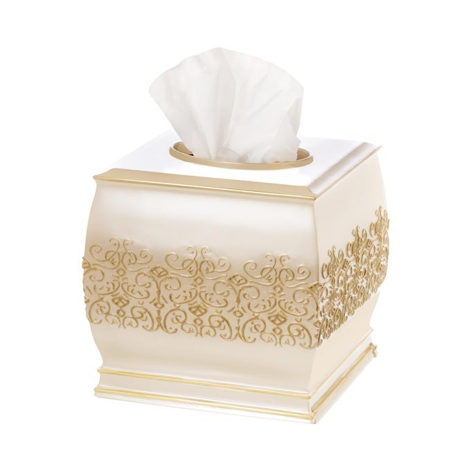SHANNON TISSUE BOX COVER SQUARE DECORATIVE TISSUE BOX HOLDER FOR BATHROOM BEIGE AND GOLD TISSUE COVER WITH DURABLE BOTTOM SLIDER