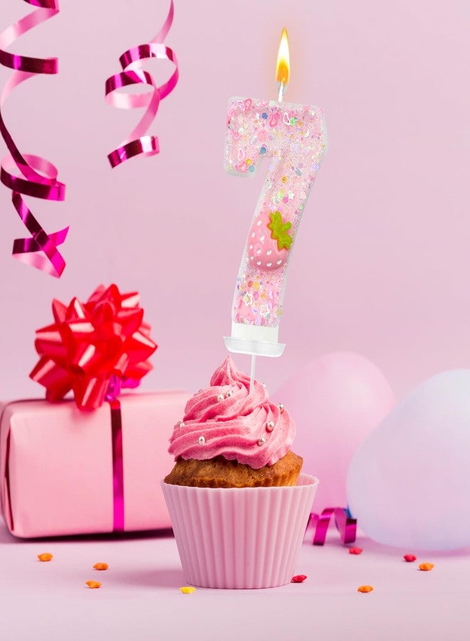 شموع عيد ميلاد فراولة رقم 7 من HXOUSE - شموع عيد ميلاد وردية اللون لتزيين الكيك، 7 شموع لتزيين حفلات الذكرى السنوية، زينة حفلات فراولة للبنات (رقم 7) - Image 5