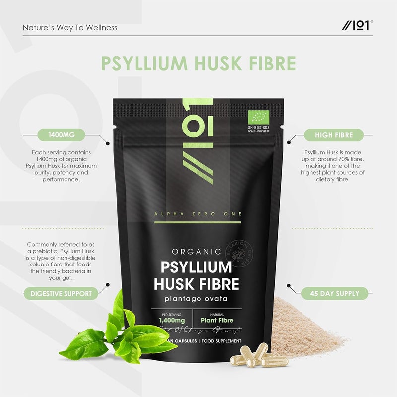 ALPHA01 ألياف قشور السيليوم العضوية 1400 ملغ مكمل ألياف بروبيوتيك طبيعي من بذور بلاناغو أوفاتا 90 كبسولة نباتية في عبوة قابلة لإعادة الإغلاق وإعادة التدوير من ألفا01 - Image 2