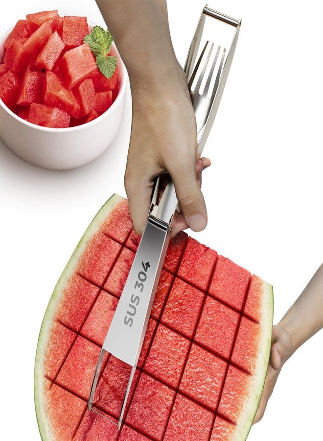 CrispTaste CripsTaste Watermelon Cutter with Retractable Fork, 2-in-1 Stainless Steel Fruit Cutter Watermelon Cutter Slicer Tool, Melon Slicer Cutter Tool for Home Party Camping Kitchen Gadget - Image 1