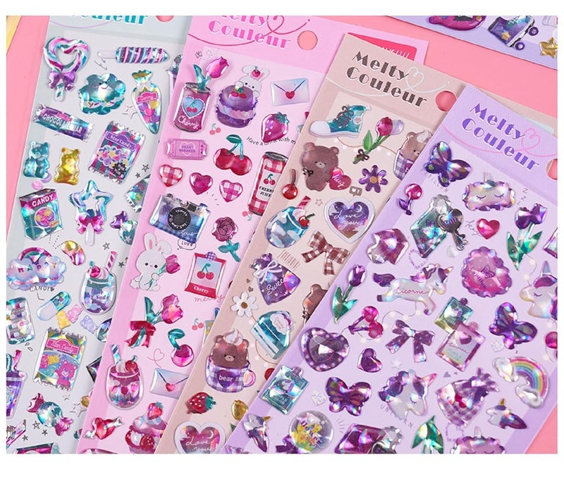 DEOXY Pack of 6 Design Mix Super Shiny 3D Puffy Stickers Set, DIY for Girls, Aesthetic Sticker, Cute Stickers, Self Adhesive Stickers Set for Birthday Return Gifts - Image 2