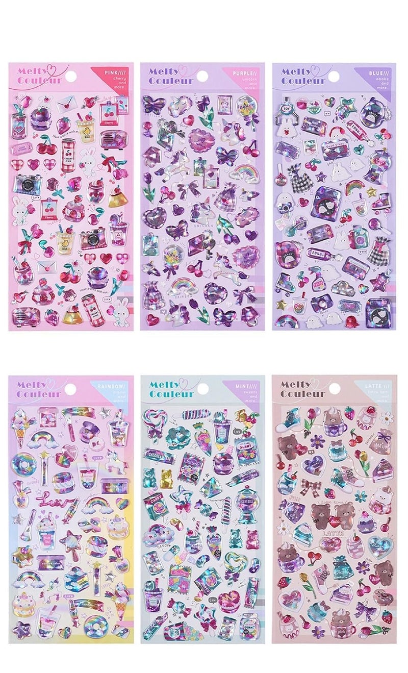 DEOXY Pack of 6 Design Mix Super Shiny 3D Puffy Stickers Set, DIY for Girls, Aesthetic Sticker, Cute Stickers, Self Adhesive Stickers Set for Birthday Return Gifts - Image 1