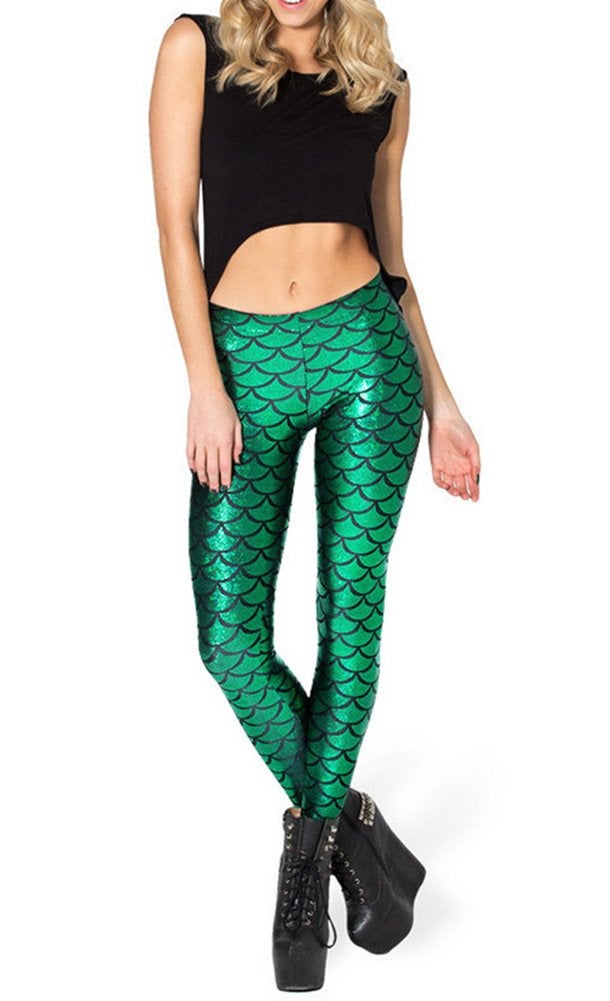 Ayliss New Mermaid Fish Scale Printed Leggings Stretch Tight Pants,Green XXL - Image 2