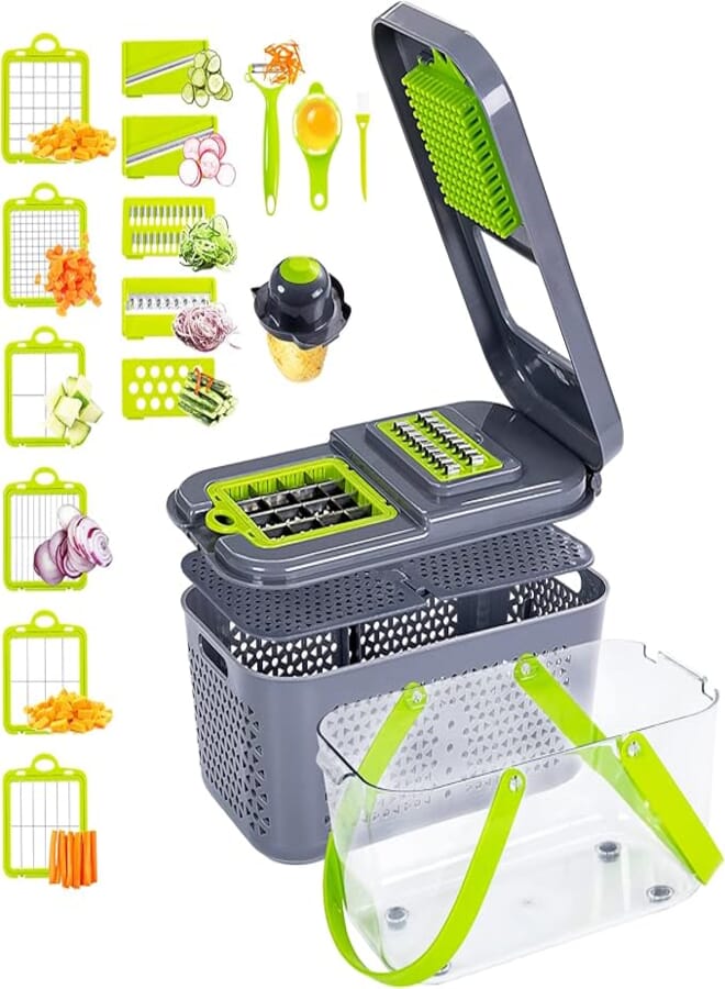 Irishom Vegetable Cutter 22-in-1, Mandoline Slicer with 13 Blades, with Container for Egg| Cheese Grater | Veggie Dicer | Onion Mincer Chopper
