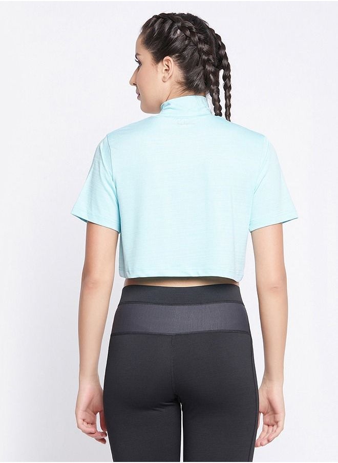 Clovia - Clovia Comfort Fit Text Print Turtleneck Active Crop Top in Sky Blue - Image 1