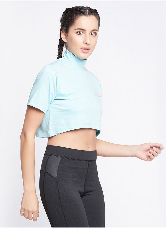 Clovia - Clovia Comfort Fit Text Print Turtleneck Active Crop Top in Sky Blue - Image 1