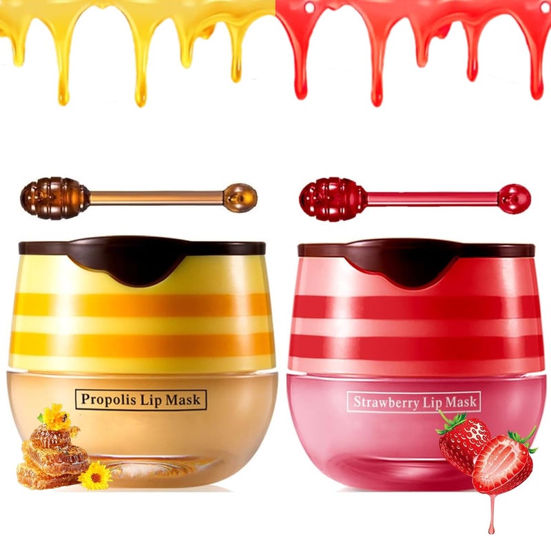 Loobexery Bee Lip Balm Honey Pot 2 PCS Honey  Strawberry Lip Sleeping Mask Hydrating Propolis Lip Balm with Stick Prevention Dry and Cracked Lip Scrubs Reduces Lip Wrink HoneyStrawberry