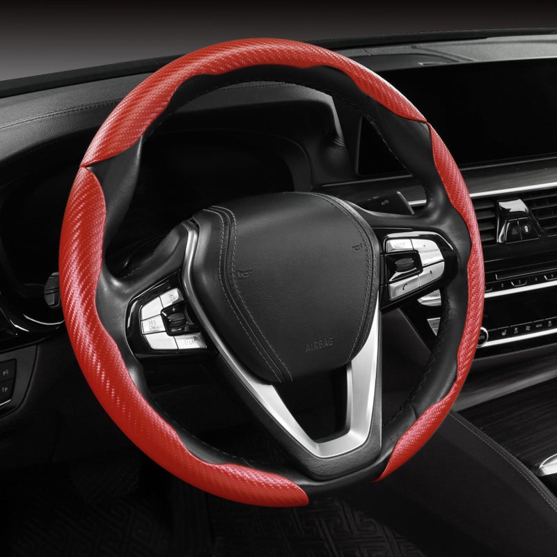 Aotoyou Carbon Fiber Steering Wheel Cover Anti-Slip Wrap Snap on Car Steering Wheel Accessories Grip 15 inch Universal 3pc Matte Red - Image 3