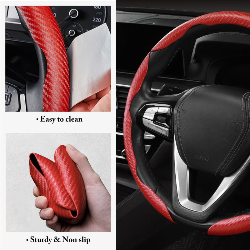 Aotoyou Carbon Fiber Steering Wheel Cover Anti-Slip Wrap Snap on Car Steering Wheel Accessories Grip 15 inch Universal 3pc Matte Red - Image 5