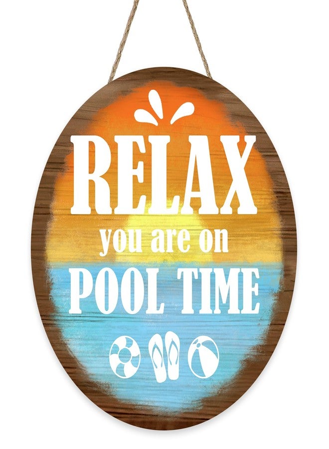 Bolisom Relax You are on Pool Time Front Door Sign, Beach Swimming Pool Rules Sunset Wooden Hanger Outdoor Patio Home Decor, Coastal Summer Poolside Farmhouse Wreath Indoor Wall Hanging Decoration - Image 1