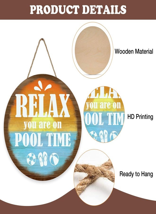 Bolisom Relax You are on Pool Time Front Door Sign, Beach Swimming Pool Rules Sunset Wooden Hanger Outdoor Patio Home Decor, Coastal Summer Poolside Farmhouse Wreath Indoor Wall Hanging Decoration - Image 3