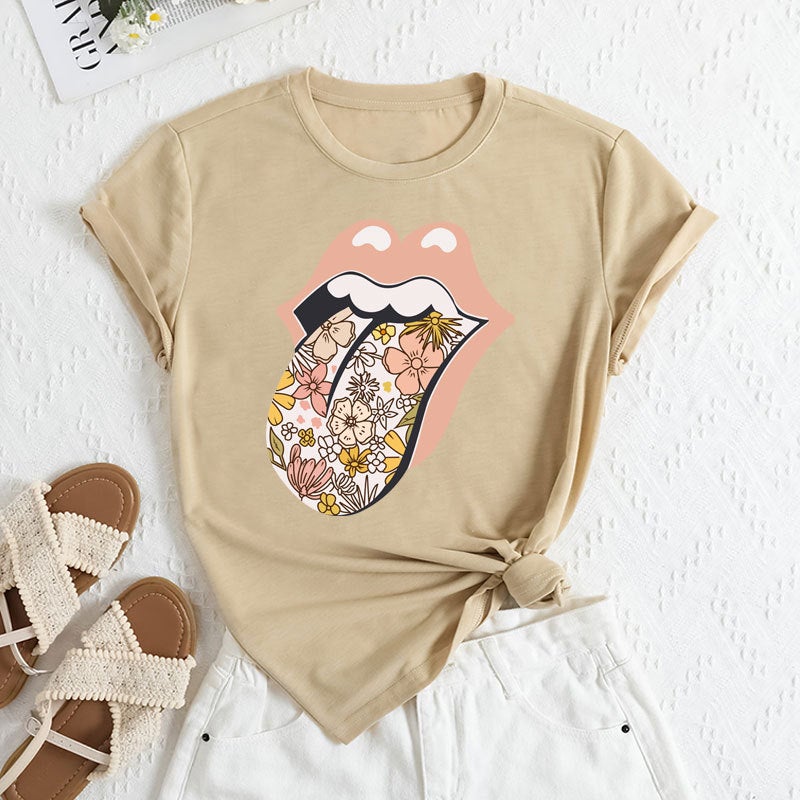 2025 Foreign Trade Womens Independent Station Temu Clothing Cross-border E-commerce ebay Amazon Lickitone Printed Polyester Ammonia T-shirt Apricot 