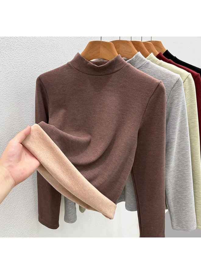 NIBEMINENT Women Thermal Underwear Winter Half High Collar  Shirt Solid Semi High Collar Long Sleeve Basic T-Shirt Heating Pullovers - Image 1