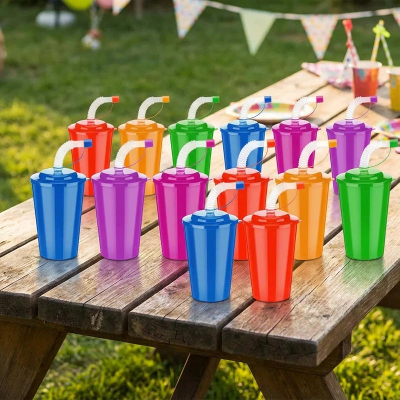 Zubebe 18 Pcs Neon Straws Cups 12 oz Colorful Neon Cups with Sipper and Lids Plastic Favor Reusable Straw for Birthday Party Events Supplies, 6 Colors - Image 3