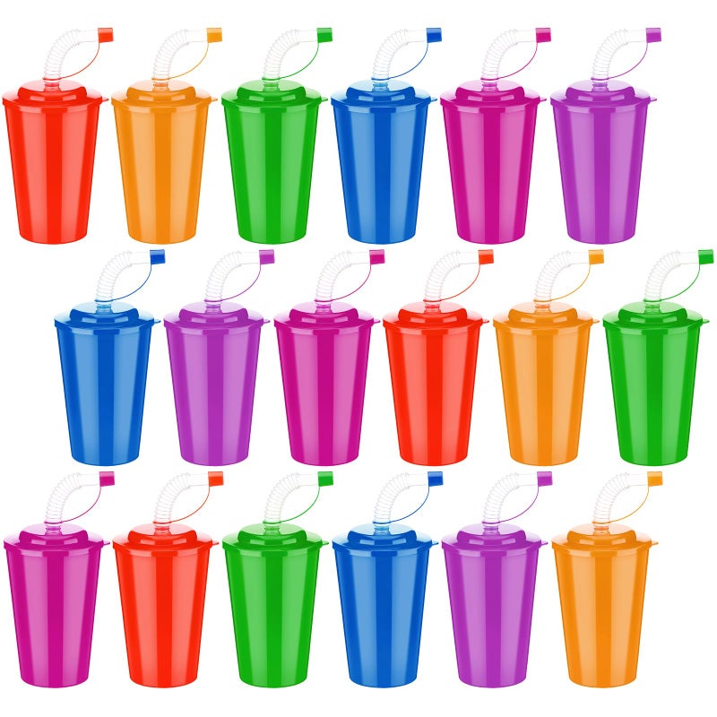 Zubebe 18 Pcs Neon Straws Cups 12 oz Colorful Neon Cups with Sipper and Lids Plastic Favor Reusable Straw for Birthday Party Events Supplies, 6 Colors - Image 1