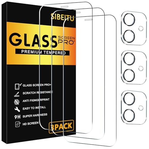 SIBEITU 3 Pack Screen Protector for iPhone 12 with 3 Pack Camera Lens Tempered Glass Protector, 6.1 Inch HD Clear Tempered Glass Film 9H Hardness Full Coverage, Scratch Resistent, No Air Bubbles - Image 1