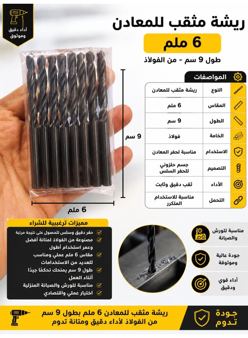 ريشة مثقب للمعادن 6 ملم – طول 9 سم – عبوة 10 حبات
