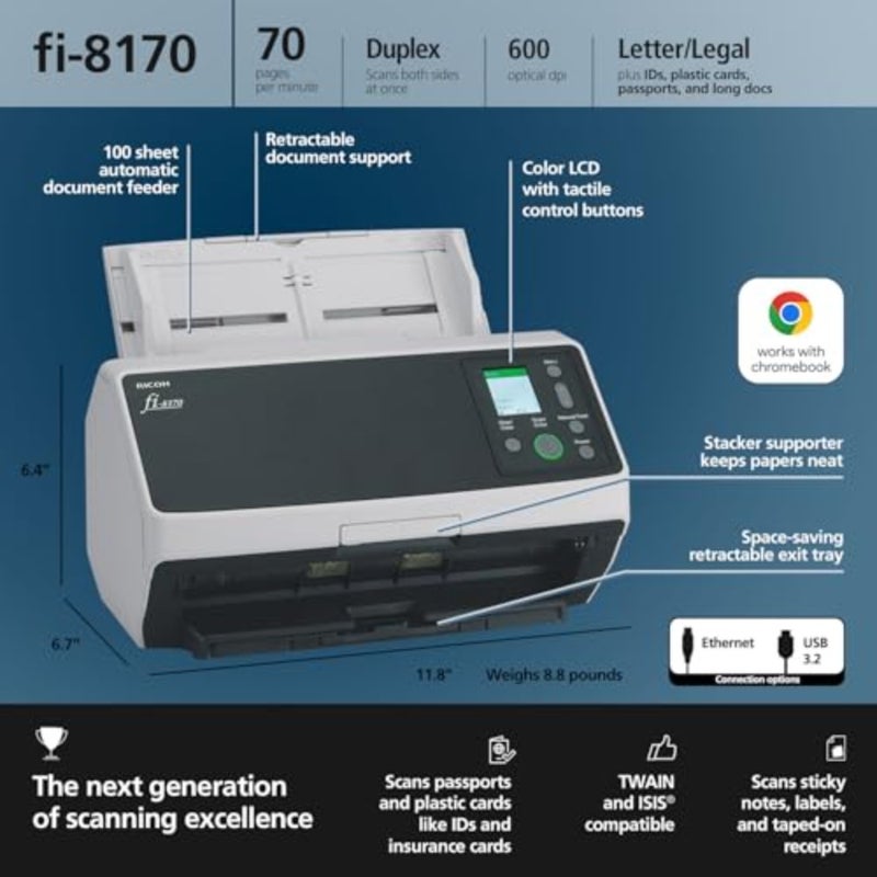 فوجيتسو fi-8170 ماسح ضوئي للمستندات ملون عالي السرعة على الوجهين - مزود بالشبكة - Image 3