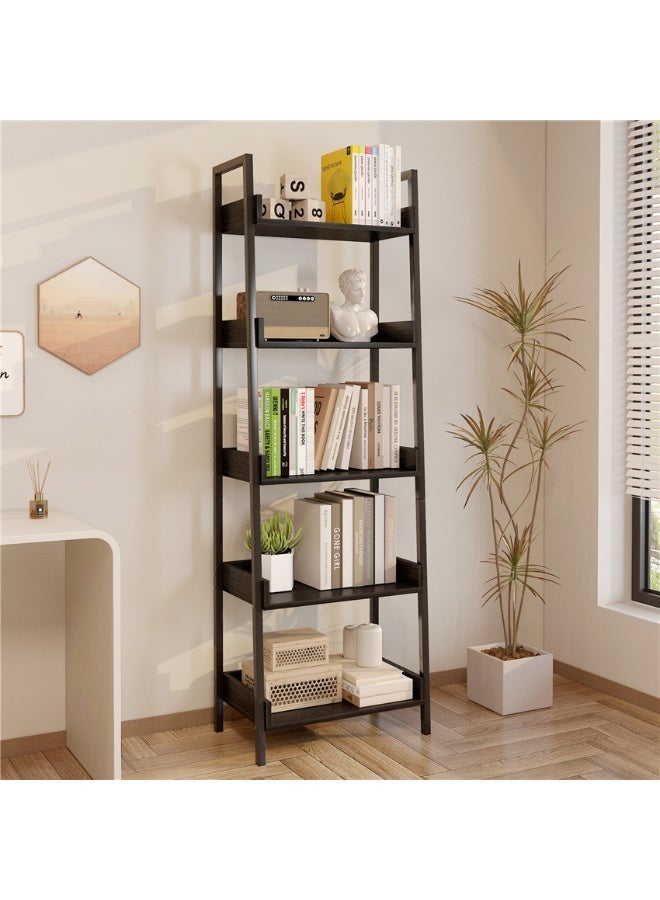 Ladder Shelf, 5 Tier Freestanding Bookshelf, Corner Storage Shelve Display Rack with 3 Hooks, Wood and Metal Storage Rack for Home Office Living Room Kitchen, 50*30*160cm (SGG042 Black) - Image 1