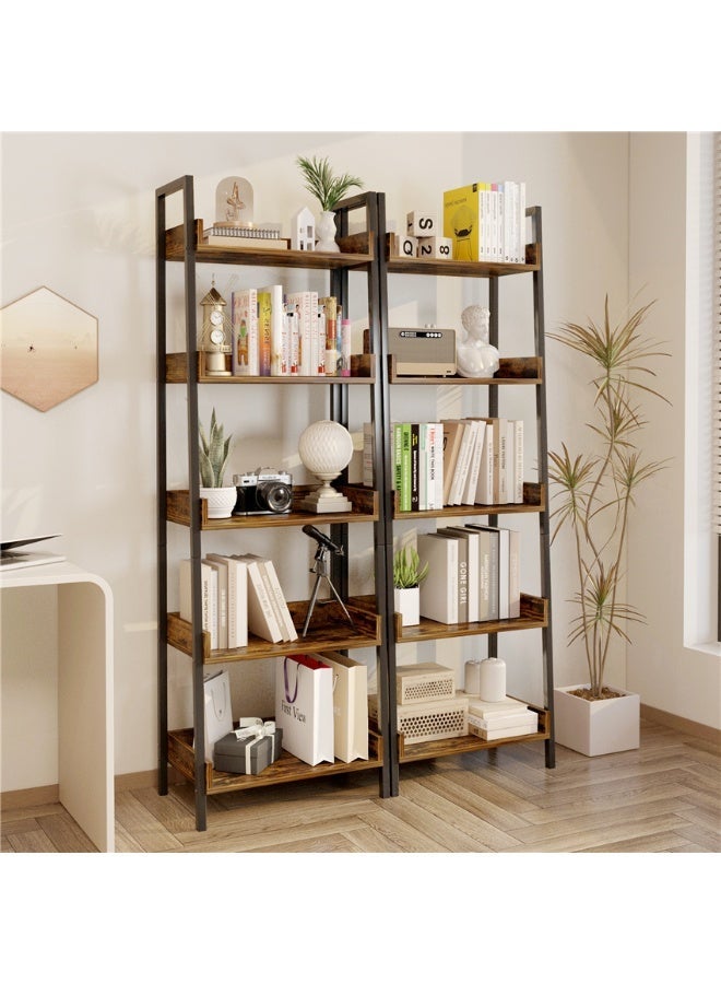 Ladder Shelf, 5 Tier Freestanding Bookshelf, Corner Storage Shelve Display Rack with 3 Hooks, Wood and Metal Storage Rack for Home Office Living Room Kitchen, 50*30*160cm (SGG042 Black) - Image 5