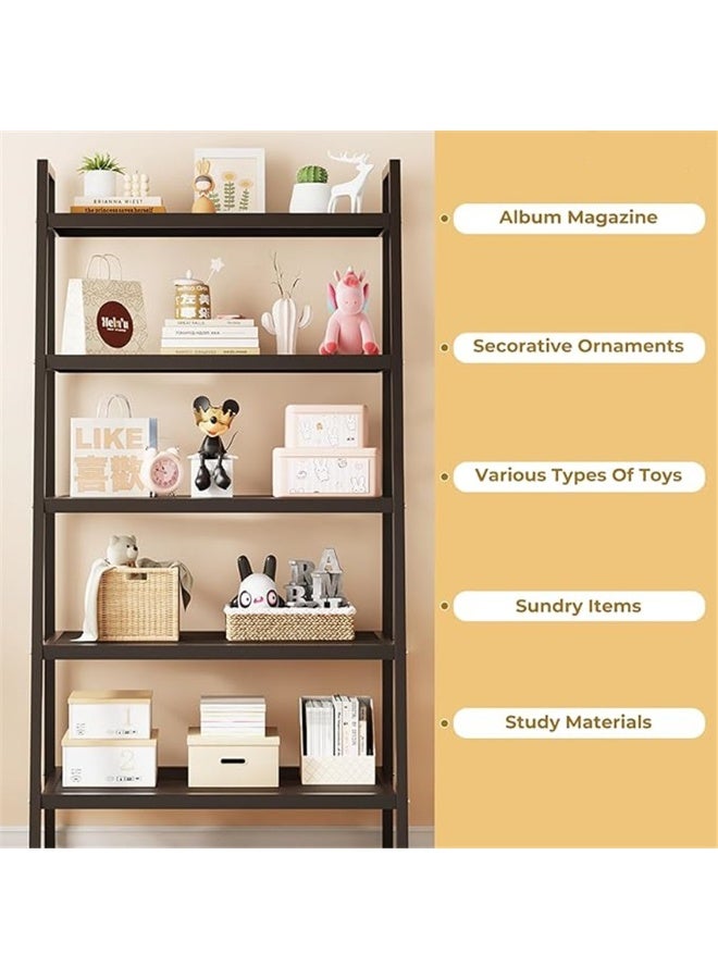 Ladder Shelf, 5 Tier Freestanding Bookshelf, Corner Storage Shelve Display Rack with 3 Hooks, Wood and Metal Storage Rack for Home Office Living Room Kitchen, 50*30*160cm (SGG042 Black) - Image 3