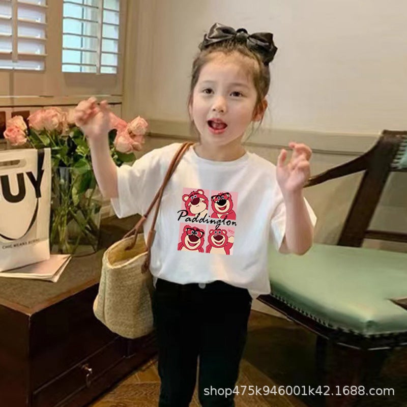 Girls' Bear T-Shirt Summer Wear Stylish Children'S Short-Sleeved Top Little Girl Summer Pure Cotton T-Shirt Ins - Image 1