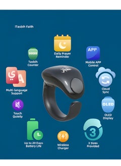 Generic Tasbih Smart Ring, Adjustable Ring Finger Counter with 2 Sizes (18/20mm), APP Support Digital Counter Prayer Reminder Rings, Waterproof 4 Digit Finger Counter Ring for Muslims (Black)  - Image 3