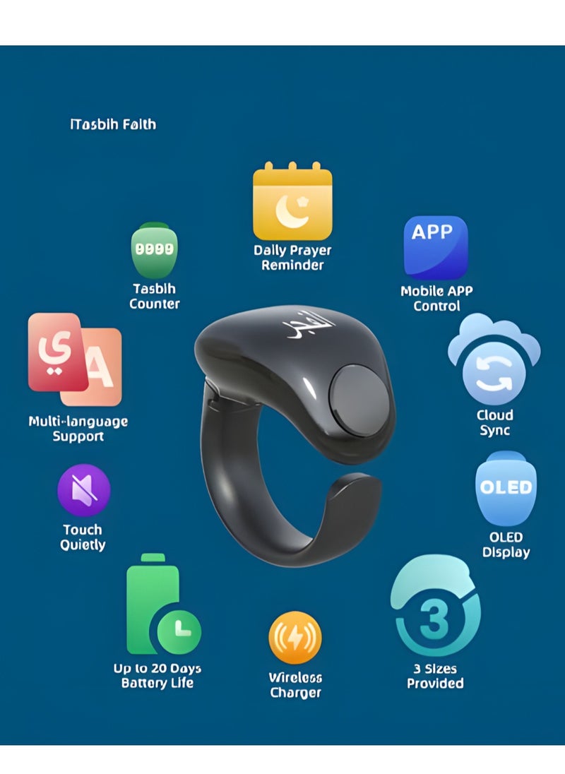 Generic - Tasbih Smart Ring, Adjustable Ring Finger Counter with 2 Sizes (18/20mm), APP Support Digital Counter Prayer Reminder Rings, Waterproof 4 Digit Finger Counter Ring for Muslims (Black) - Image 1