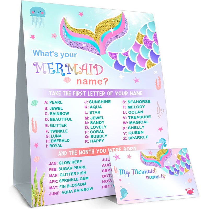 What is Your Mermaid Name Game Sign 30 Cards Mermaid Birthday Party Sign for Girls Wedding Anniversary Holiday Activity