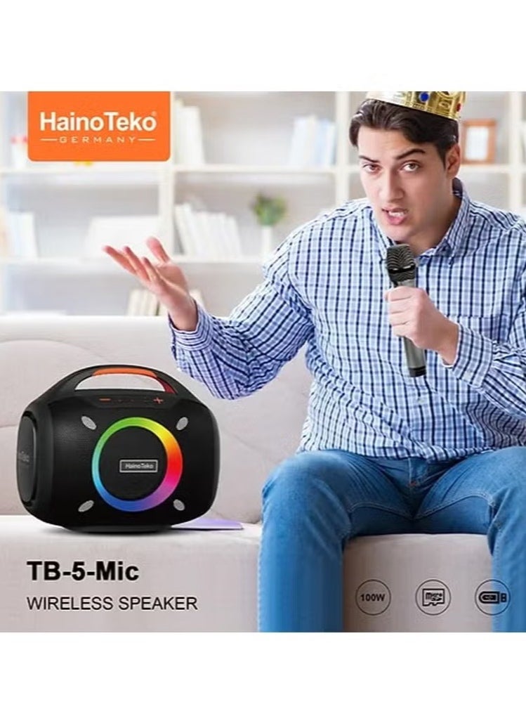 Haino Teko TB-5 Portable Wireless Bluetooth Speaker with 2 Wireless Mics, 100W Output Power, RGB Lighting, Multi-Functional Button Control for Indoor & Outdoor Use, Black  - Image 2
