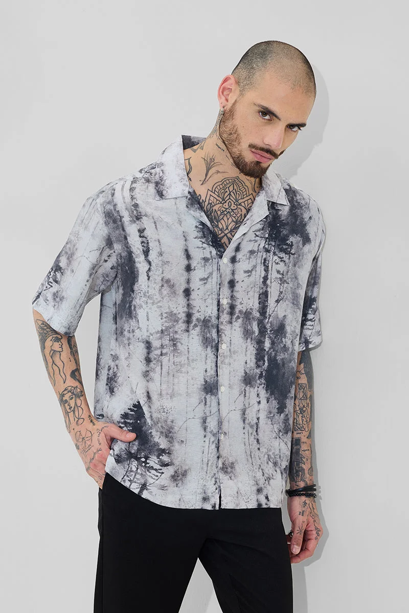 سنيتش Light Grey Abstract Half Sleeve Boxy Casual Shirt