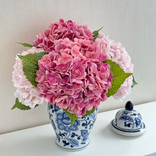 ZYTUYO 4 Pcs Real Touch MagentaPink Hydrangeas Artificial Flower 21 inches Realistic Faux Latex Hydrangeas Flower for Home Decor Kitchen Living Room Spring Table Wedding Xmas Arrangement - Image 1