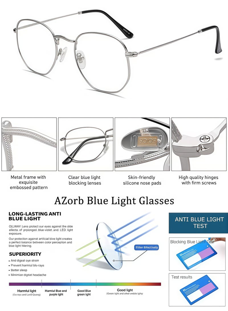 Metal Blue Light Glasses for men women Square Clear Lens eyeglasses Anti blue light blocking eye glasses for Reading Gaming Computer Phone Silver - Image 2
