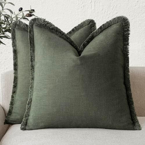 Foindtower Set of 2 Decorative Linen Fringe Throw Pillow Covers Cozy Farmhouse Cushion Cover with Tassels Accent Pillowcase for Couch Chair Sofa Bed Living Room Home Decor2020 InchDark Olive Green - Image 1