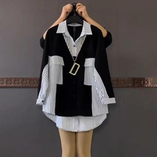 plus Size Womens Loose Striped Shirt Fashionable Top Slimming Midi Length Color Block City Style Long Sleeve Polo Collar Workwear Send Necklace - pzsku/Z4C1D5E296CC7FE067718Z/45/1746228354/b5634418-7d3f-4bf6-a4ce-1449ebd2fd38