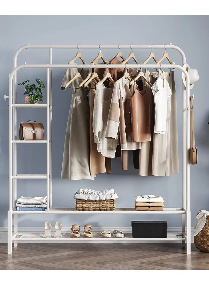 DubaiGallery Double Rods Portable Garment Rack for Hanging clothes, Space Saving Clothing Rack, Freestanding Hanger with Bottom Shelves and 4 Hooks, Heavy Duty Clothes Rack for Bedroom  - Image 2