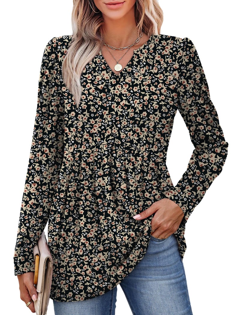 WIHOLL Plus Size Fall Fashion Clothing Womens Tops Long Sleeve Boho Peasant Blouses Business Casual Outfits Maternity Work Shirts Chocolate Brown Fall Clothes Black Floral XL - Image 4